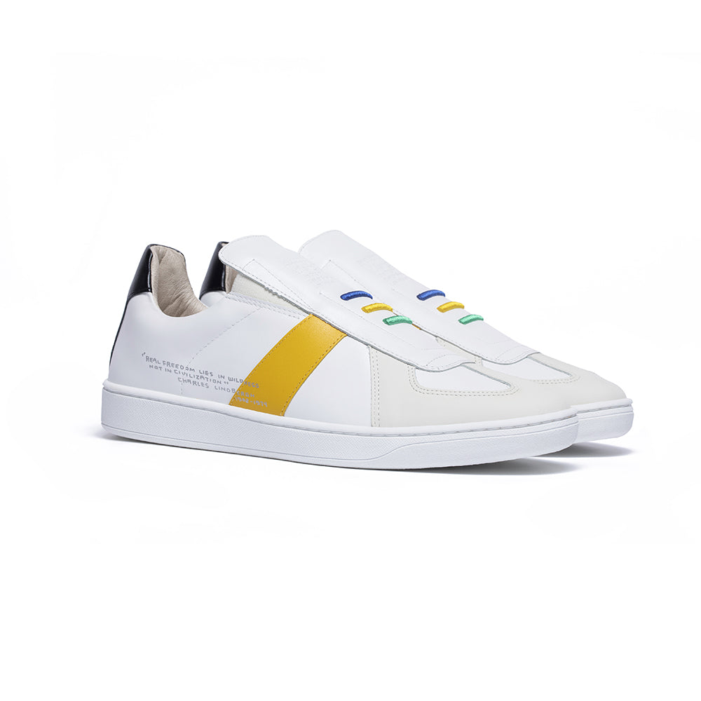 Men's Smooth White Yellow Black Leather Low Tops 01594-039