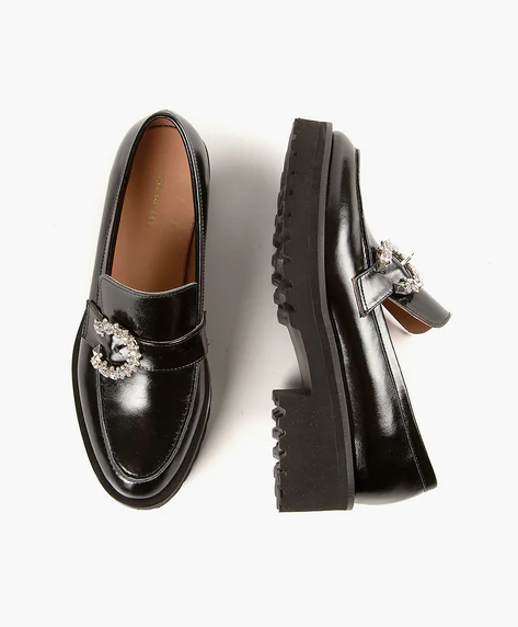 LADY BLING Black Leather Loafers