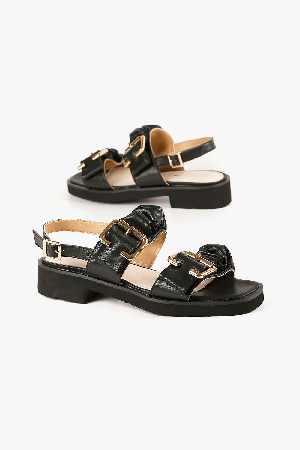 DOUBLE RUFFLE LUG Black Leather Sandals