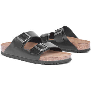 Birkenstock Arizona Black Leather Narrow Footbed Sandals (Women)