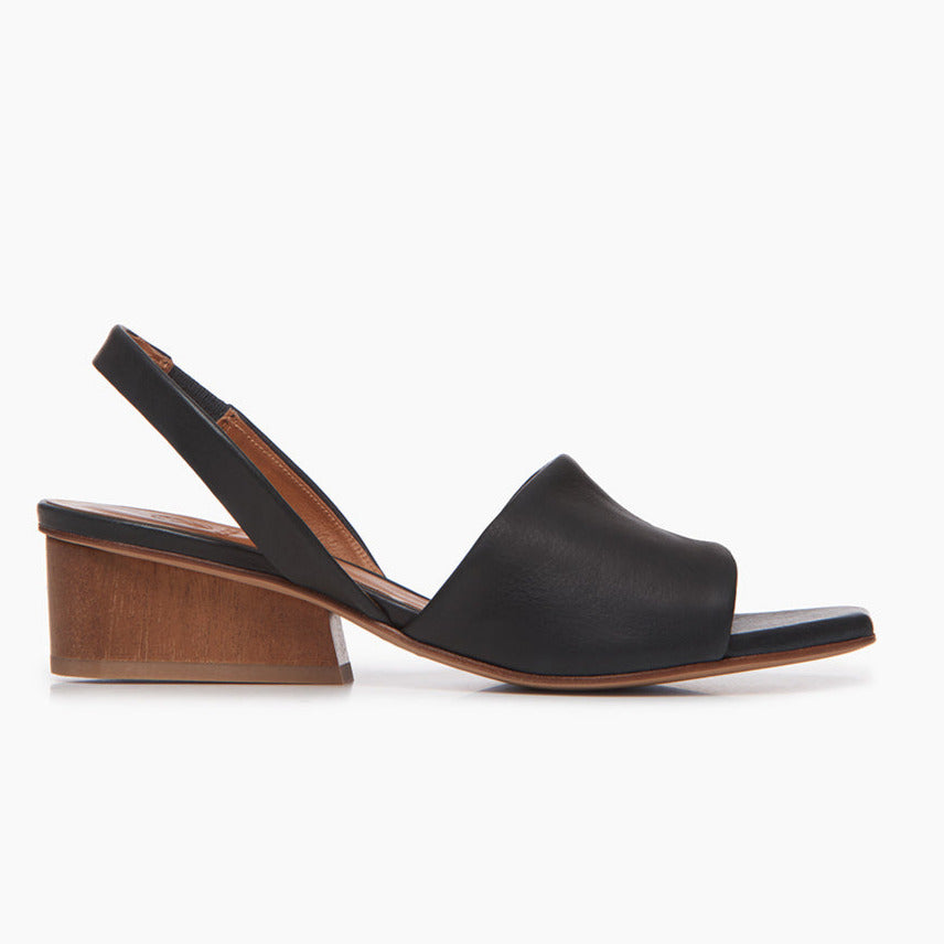 OKLY Black Leather Mid-Heel Sandal