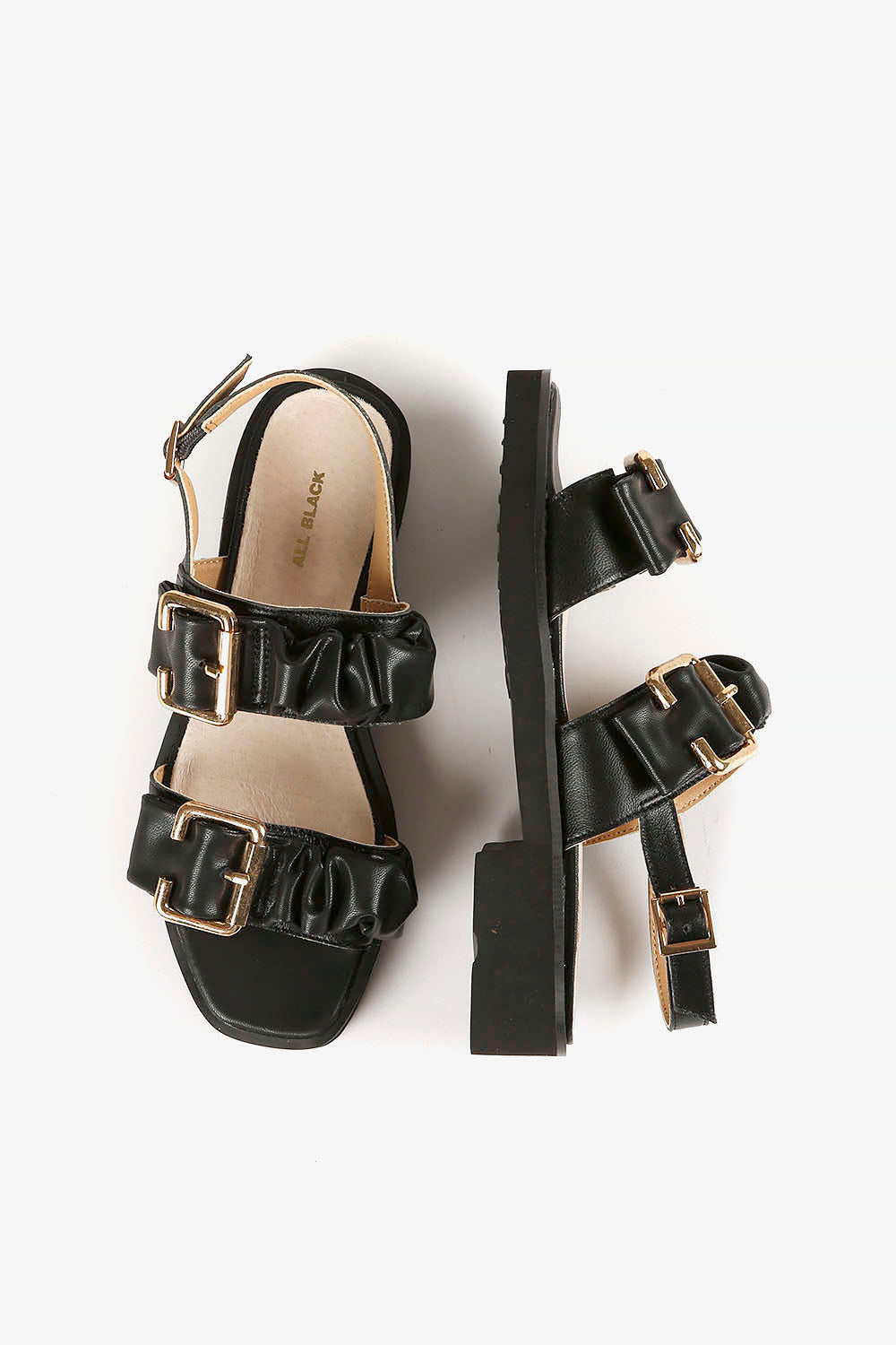 DOUBLE RUFFLE LUG Black Leather Sandals