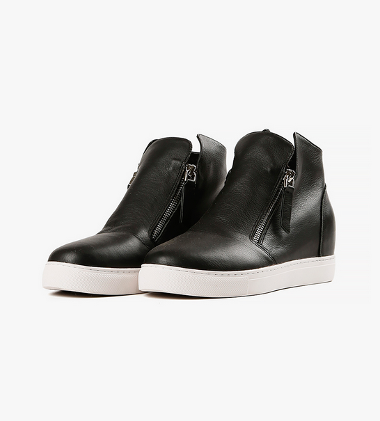 HI DOUBLE ZIP Black Leather Sneakers