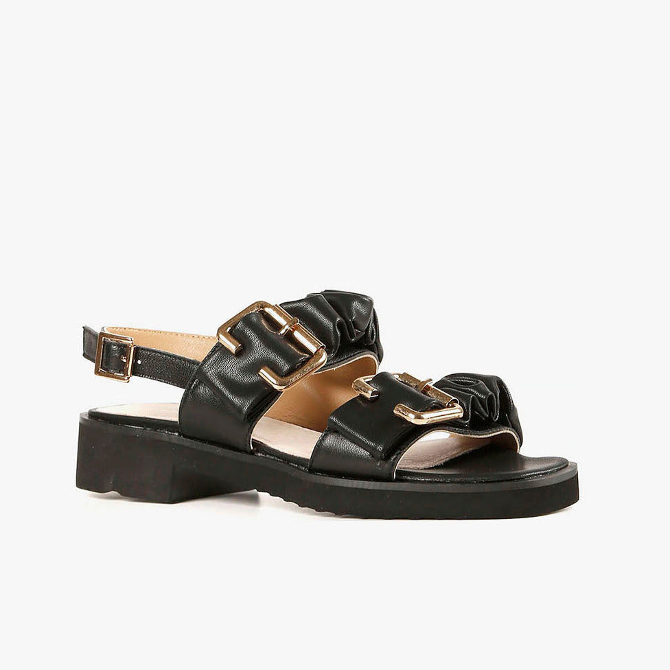 DOUBLE RUFFLE LUG Black Leather Sandals