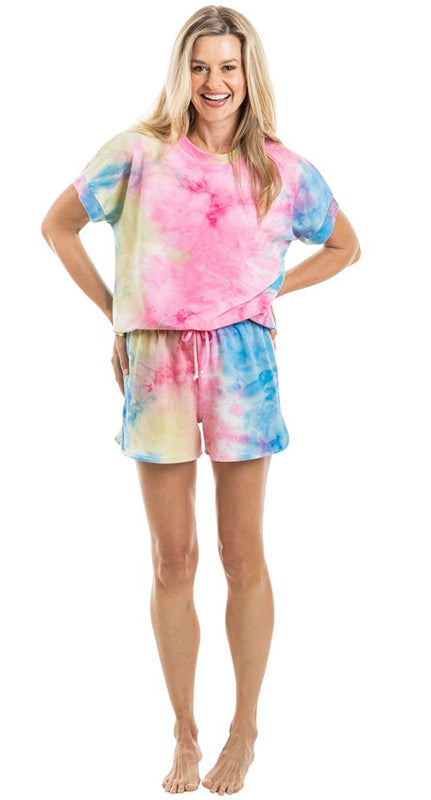 Katy Did Tie Dye Loungewear Set Pink/Yellow/Blue (Women)